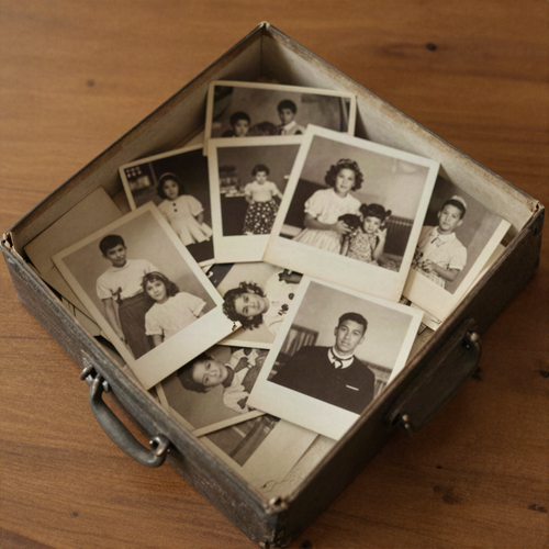A shoebox of scattered vintage family photographs on a wooden table