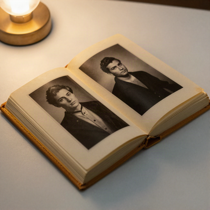 An open vintage photo album with black and white portraits in yellowed sleeves