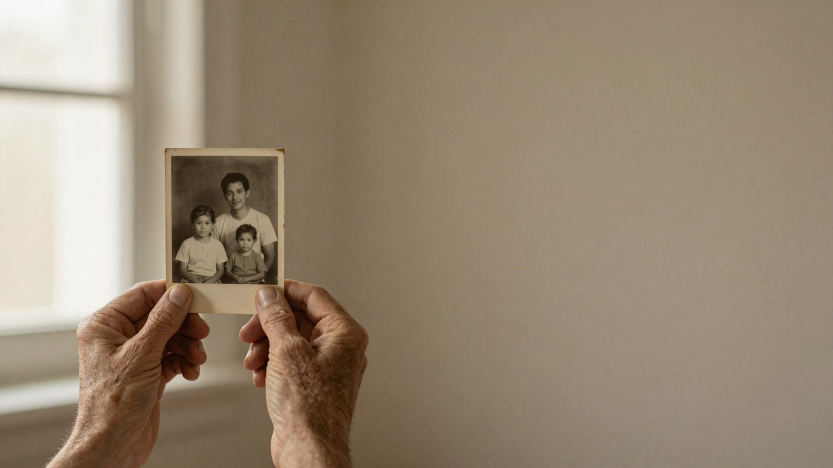 Older hands holding a small faded black and white family photograph